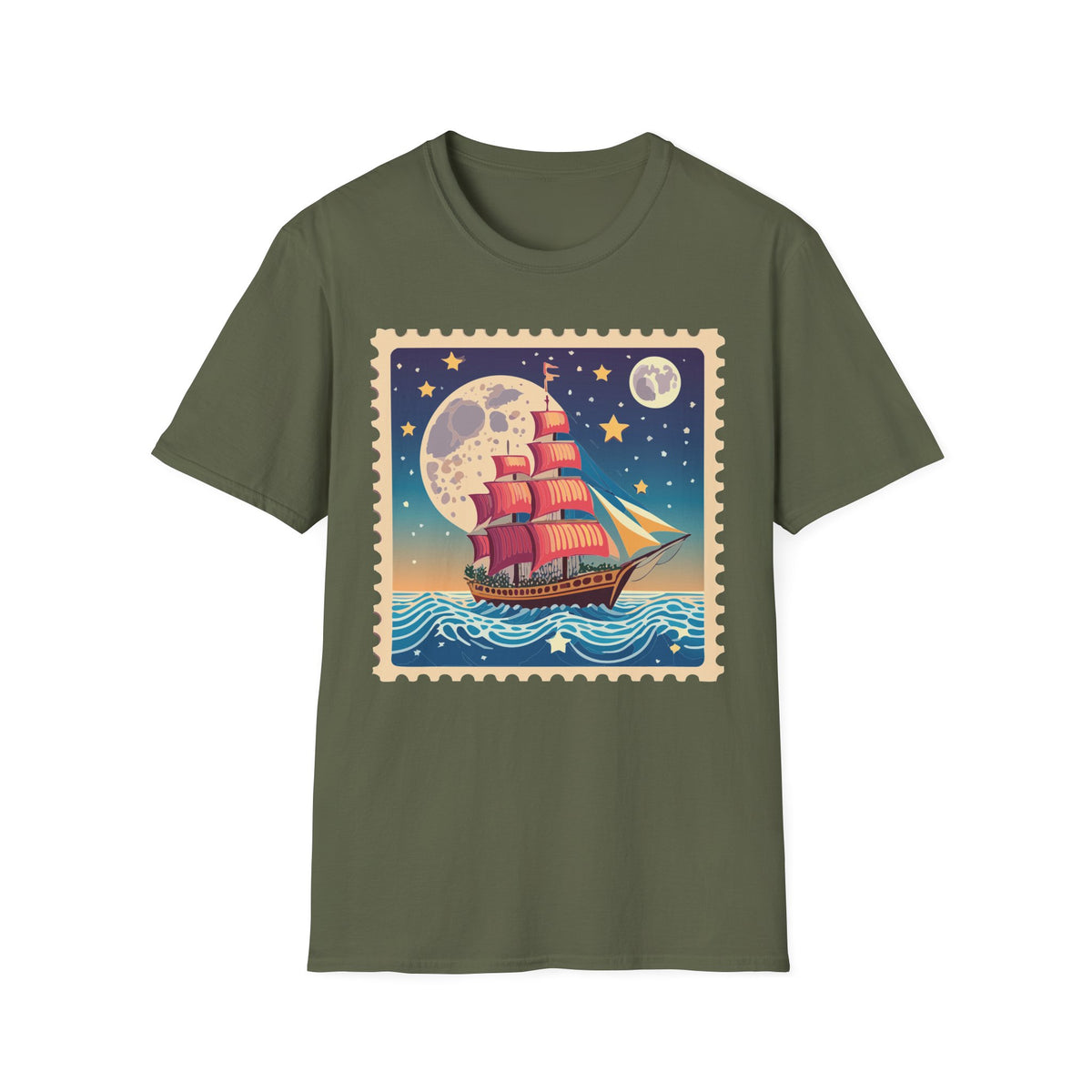 Vintage Sailing Ship Moon Poster T-Shirt | Nautical Ship Illustration