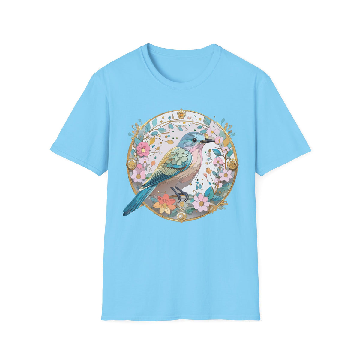 Floral Bird Illustration T-Shirt | Pastel Nature Circle Design