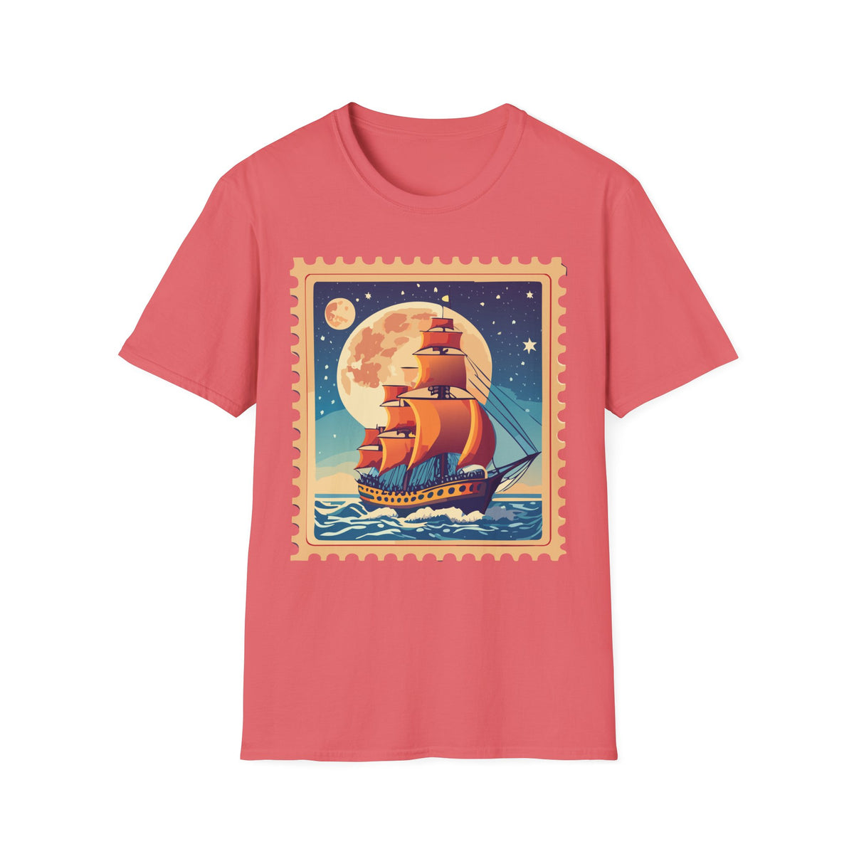 Vintage Sailing Ship T‑Shirt — Nautical Stamp Moonlight Travel Post Graphic Design Unisex 100 Cotton Gildan T-Shirt