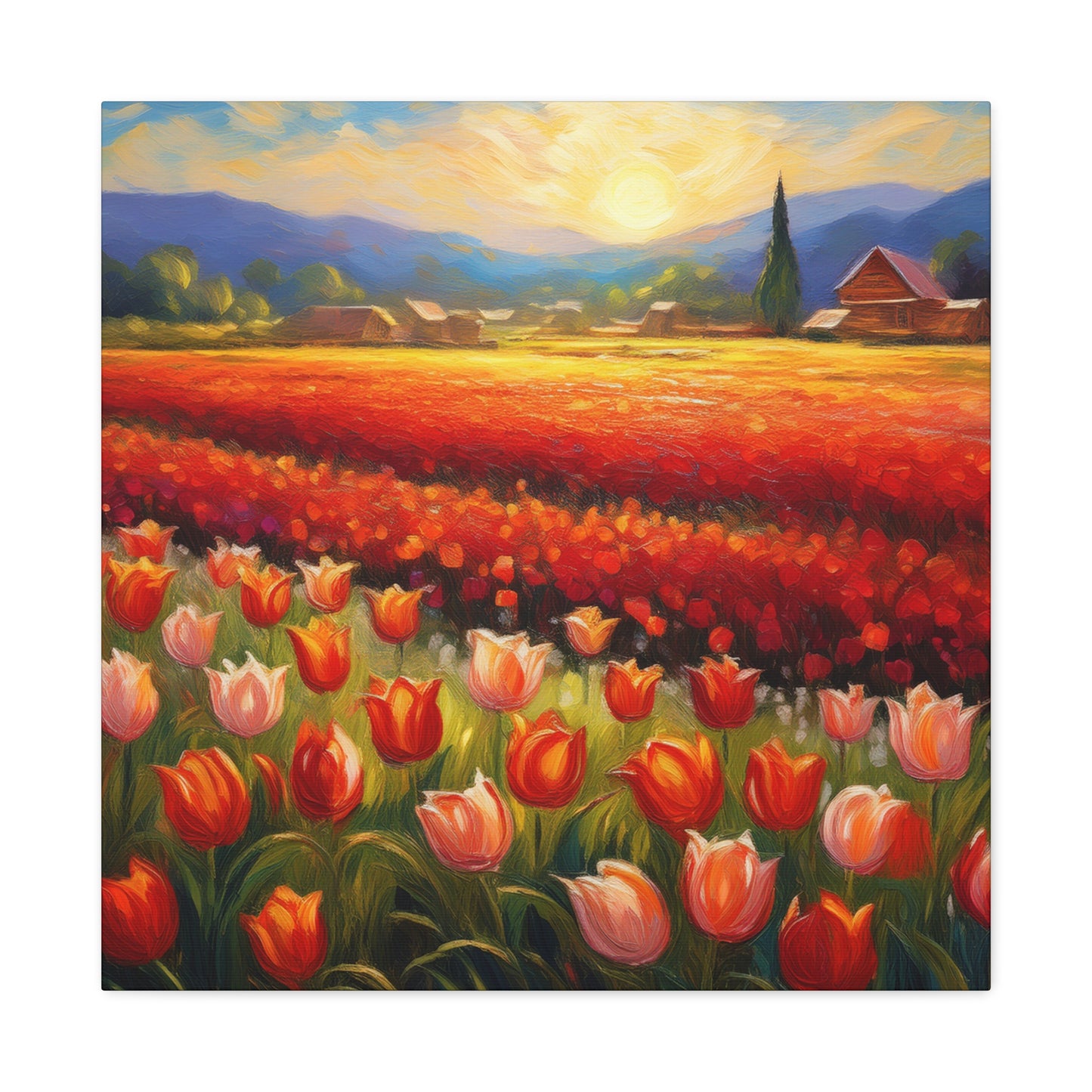 Tulips Fields Print Canvas, Floral Oil Paint Print 20x20, 24x24, 30x30, 32x32, 36x36 Art Design Pine-Wood Inner Frame MC-148