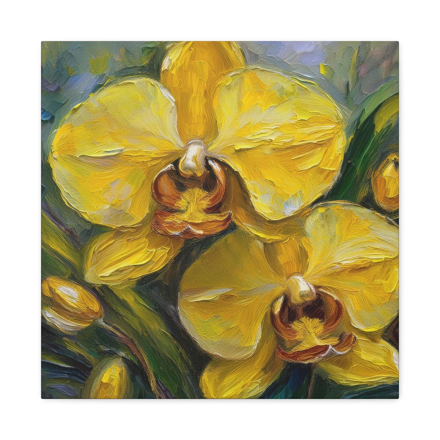 Yellow Orchids Print Canvas, Floral Oil Paint Print 20x20, 24x24, 30x30, 32x32, 36x36 Art Design Pine-Wood Inner Frame MC-140