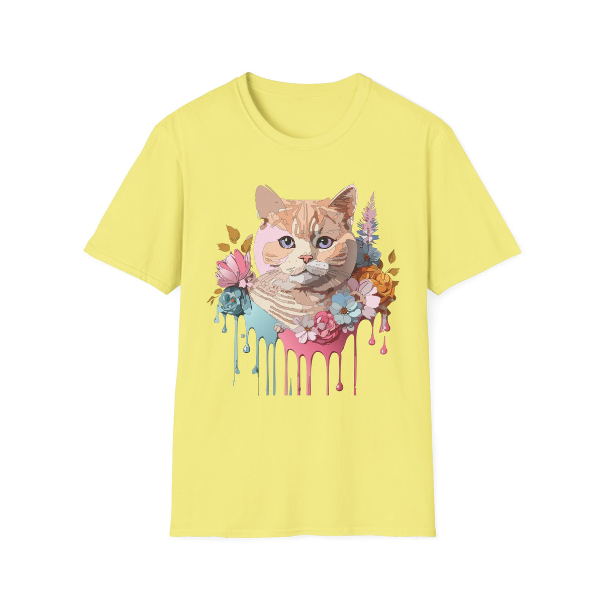 Floral Ginger Cat Portrait T-Shirt | Painted Cat Face with Flowers