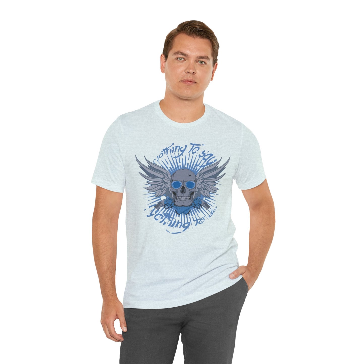 Winged Skull Graphic Tee | Blue Skull with Wings, Radiant Burst