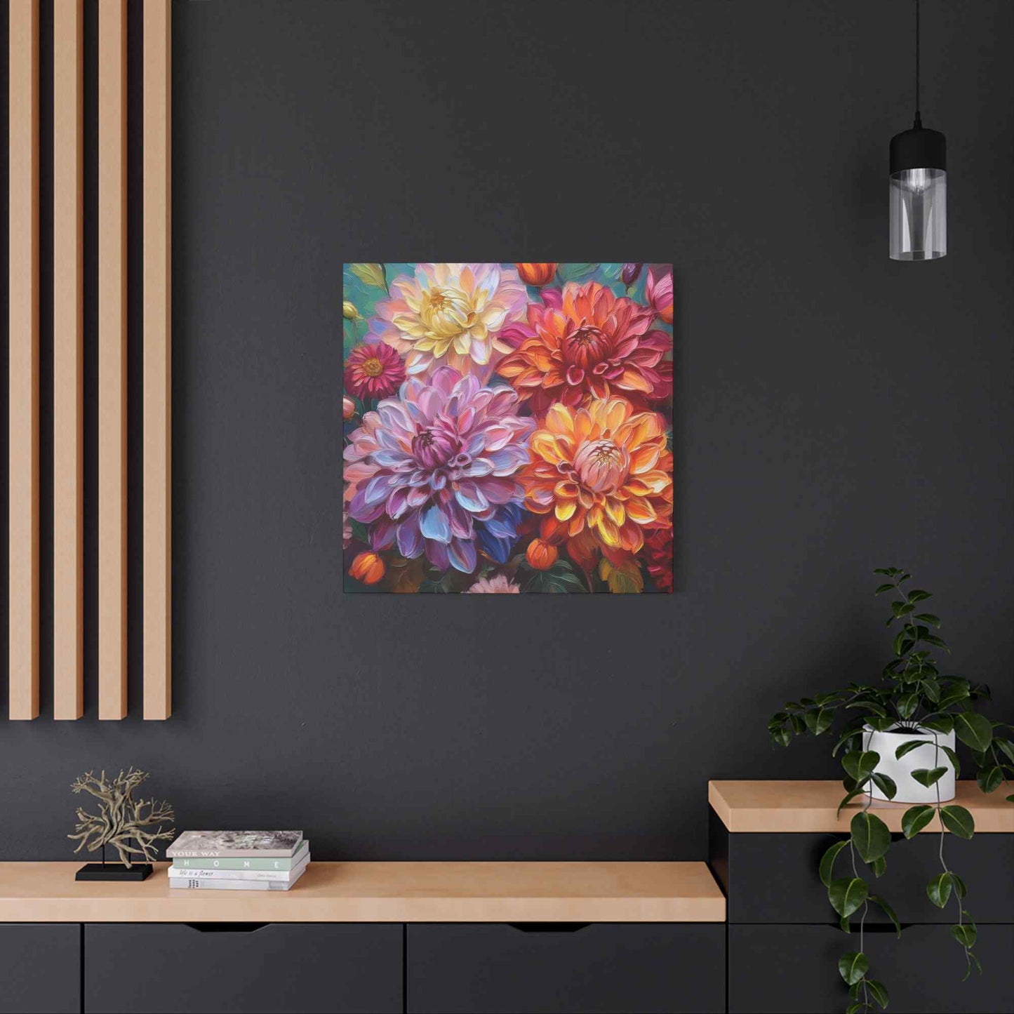 Dahlias Floral Print Canvas, Floral Oil Paint Print 20x20, 24x24, 30x30, 32x32, 36x36 Art Design Pine-Wood Inner Frame MC-167