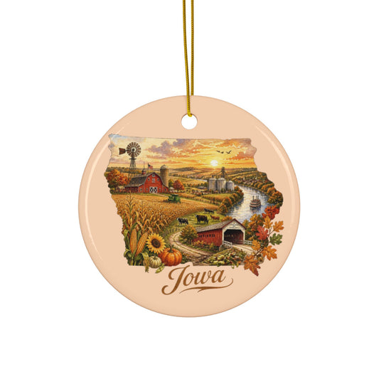 Iowa Farm Scene Ceramic Ornament | Round Double-Sided Land Of Corn - 2.99" Includes Gold String