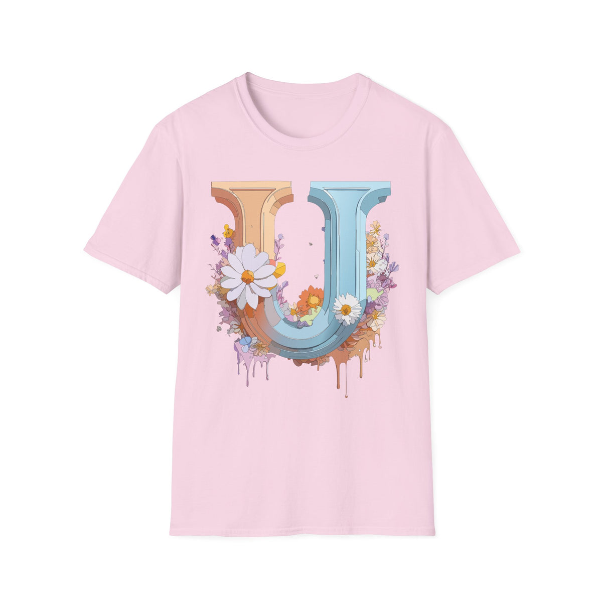 Floral Letter U T-Shirt | Vintage Block Initial with Daisies