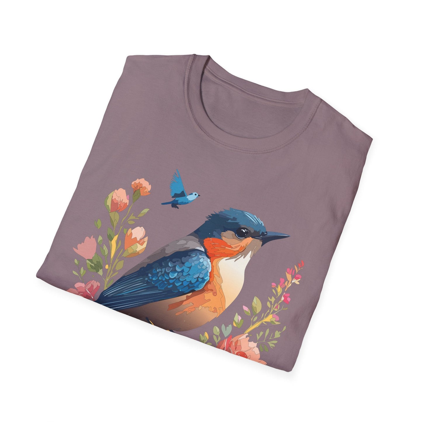 Unisex Floral Bird T Shirt Softstyle 64000 Gildan Ring Spun Cotton Tee Relaxed Fit
