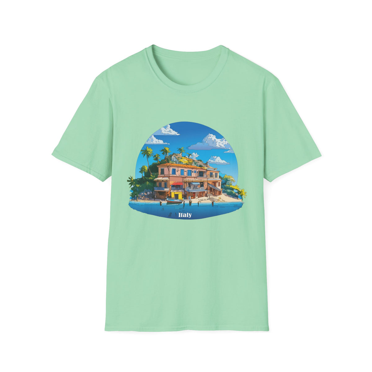 Italy Tropical Beach House Palm Trees T-Shirt | Seaside Villa Illustration