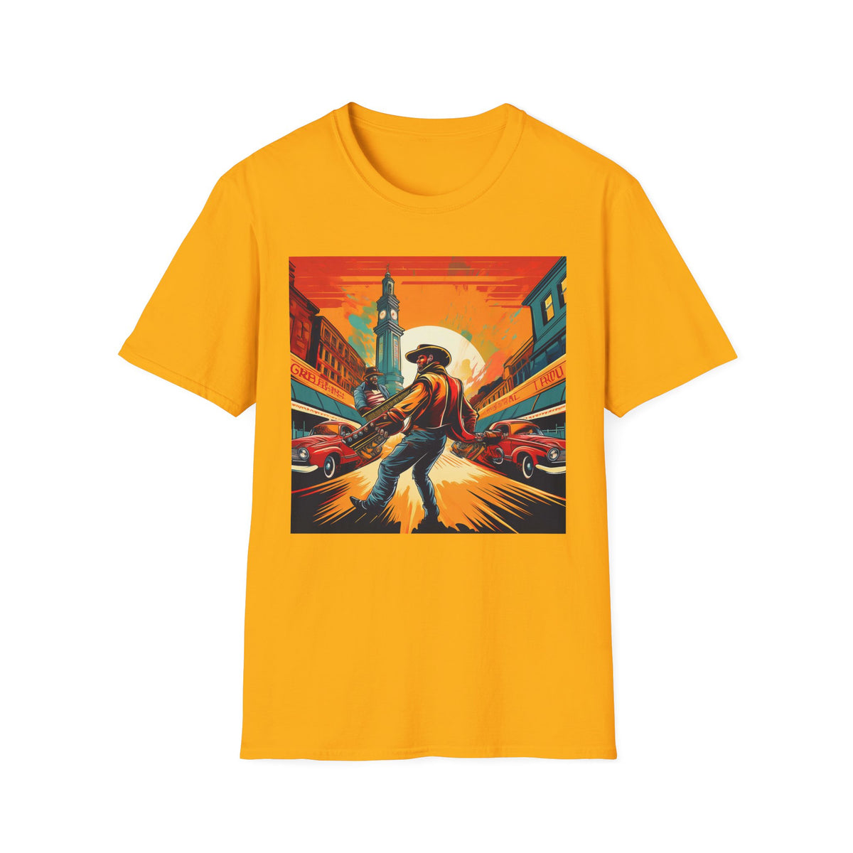 Cowboy Sunset illustration T-Shirt | Western scene, vintage poster Graphic Tee Unisex 100 Cotton Gildan T-Shirt