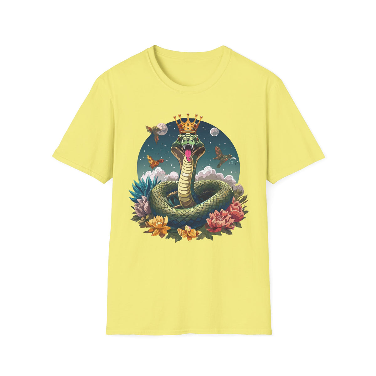 Crowned Snake Illustration T-Shirt | Regal Serpent, Floral Night Scene
