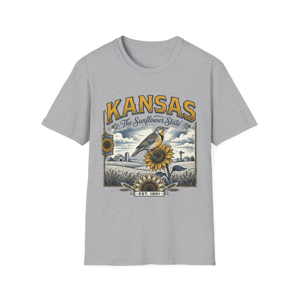 Kansas The Sunflower State T-Shirt | Vintage Meadow Bird Sunflower Design