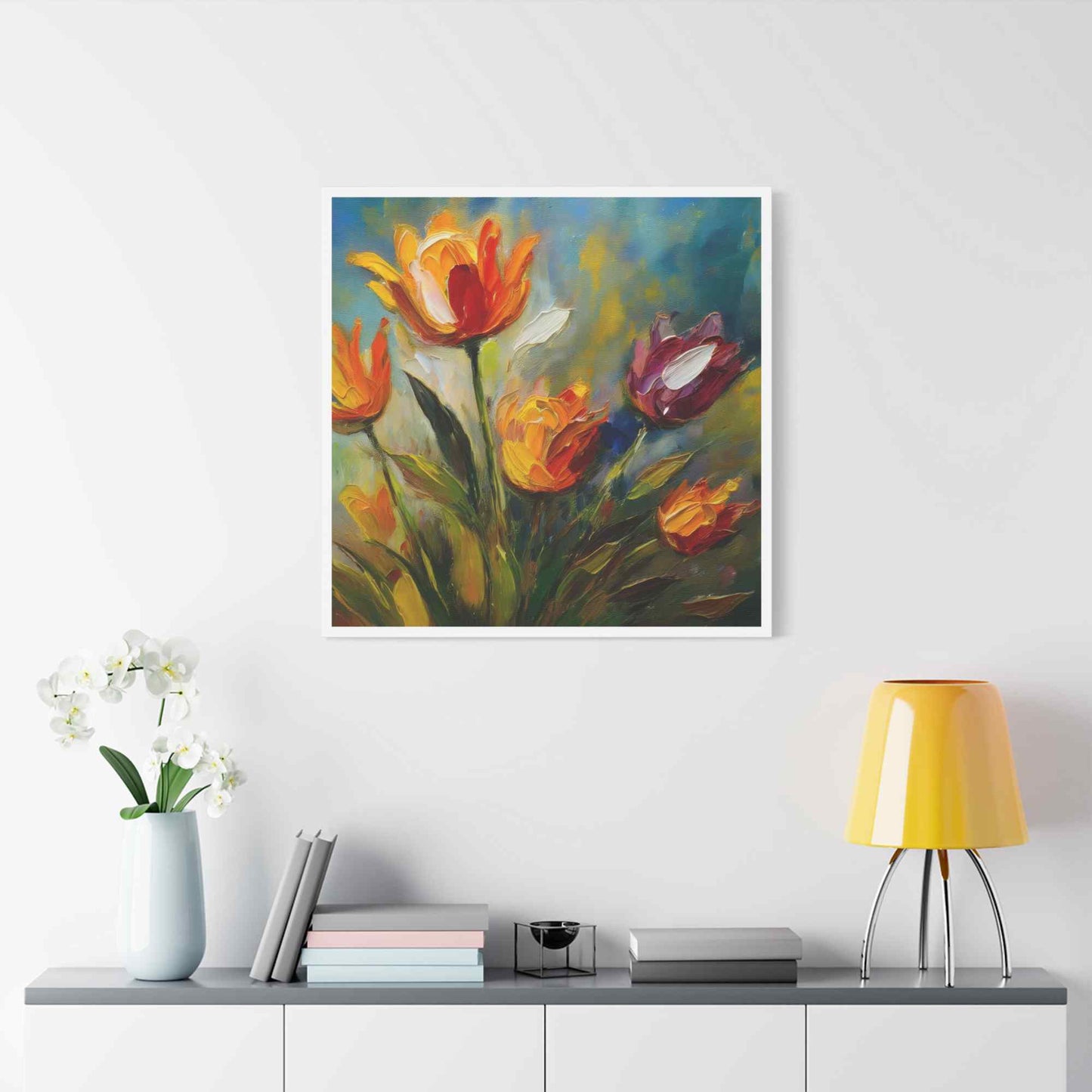 Tulips Print Canvas, Floral Oil Paint Print 20x20, 24x24, 30x30, 32x32, 36x36 Art Design Pine-Wood Inner Frame MC-146
