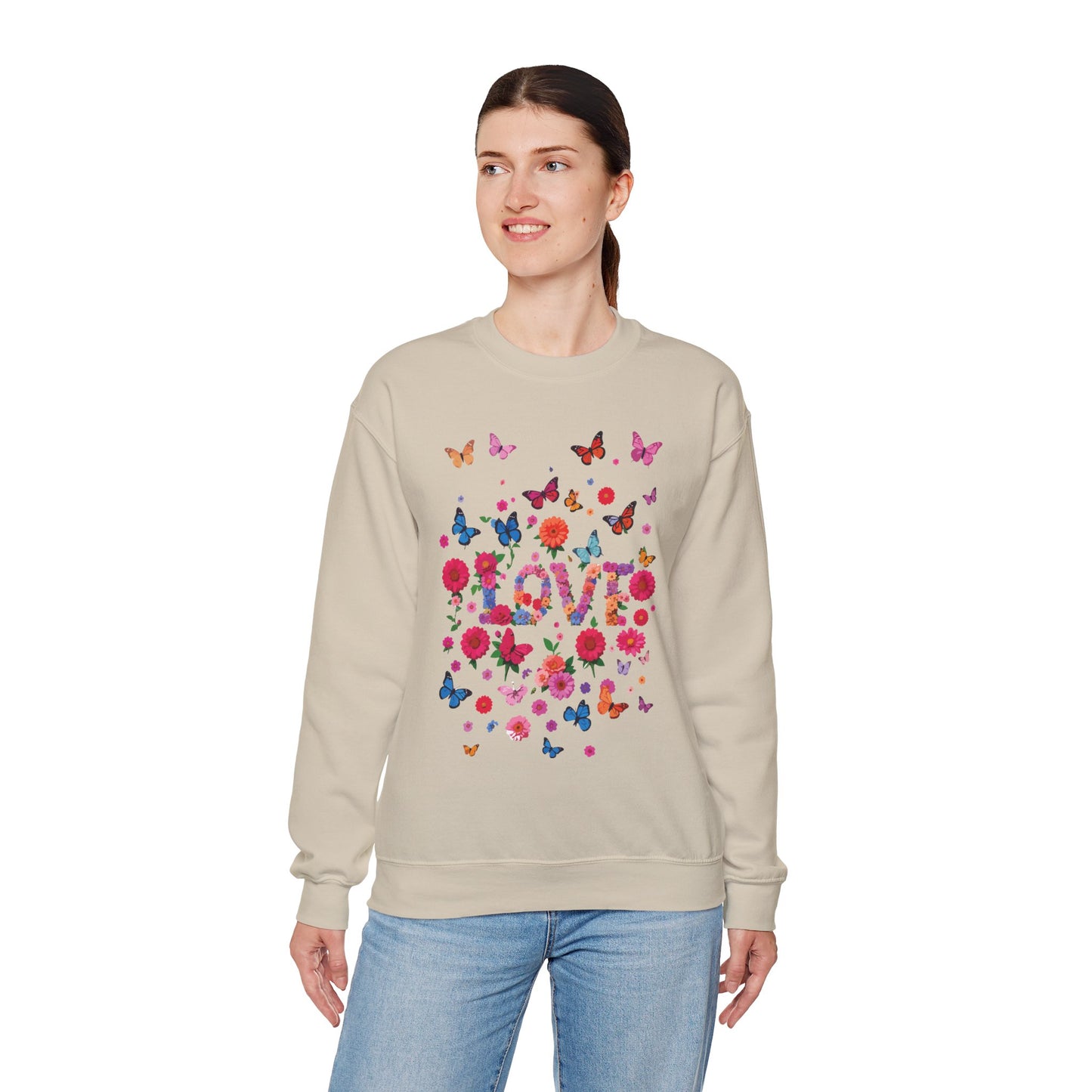 Unisex Floral Love Sweatshirt, Love Floral Sweatshirt, Floral Butterfly Sweatshirt, 50/50 Cotton-Poly Valentine's Day Sweatshirt 07