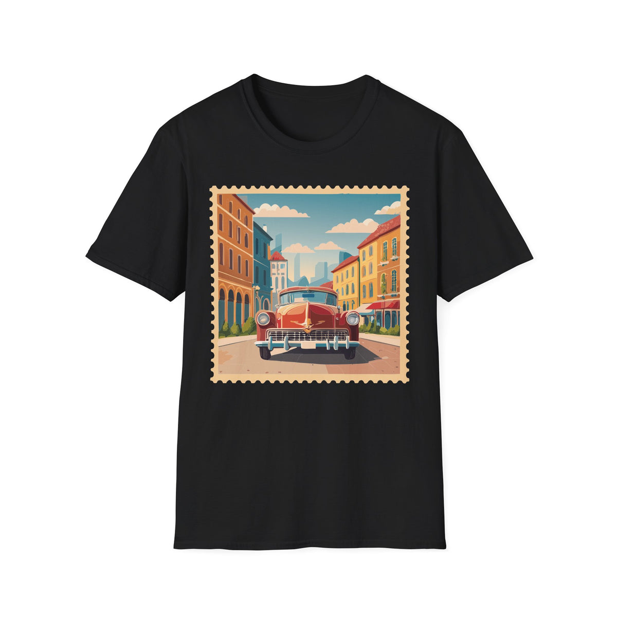 Vintage Cityscape Stamp T-Shirt | Retro Car Street Graphic Tee Unisex 100 Cotton Gildan T-Shirt