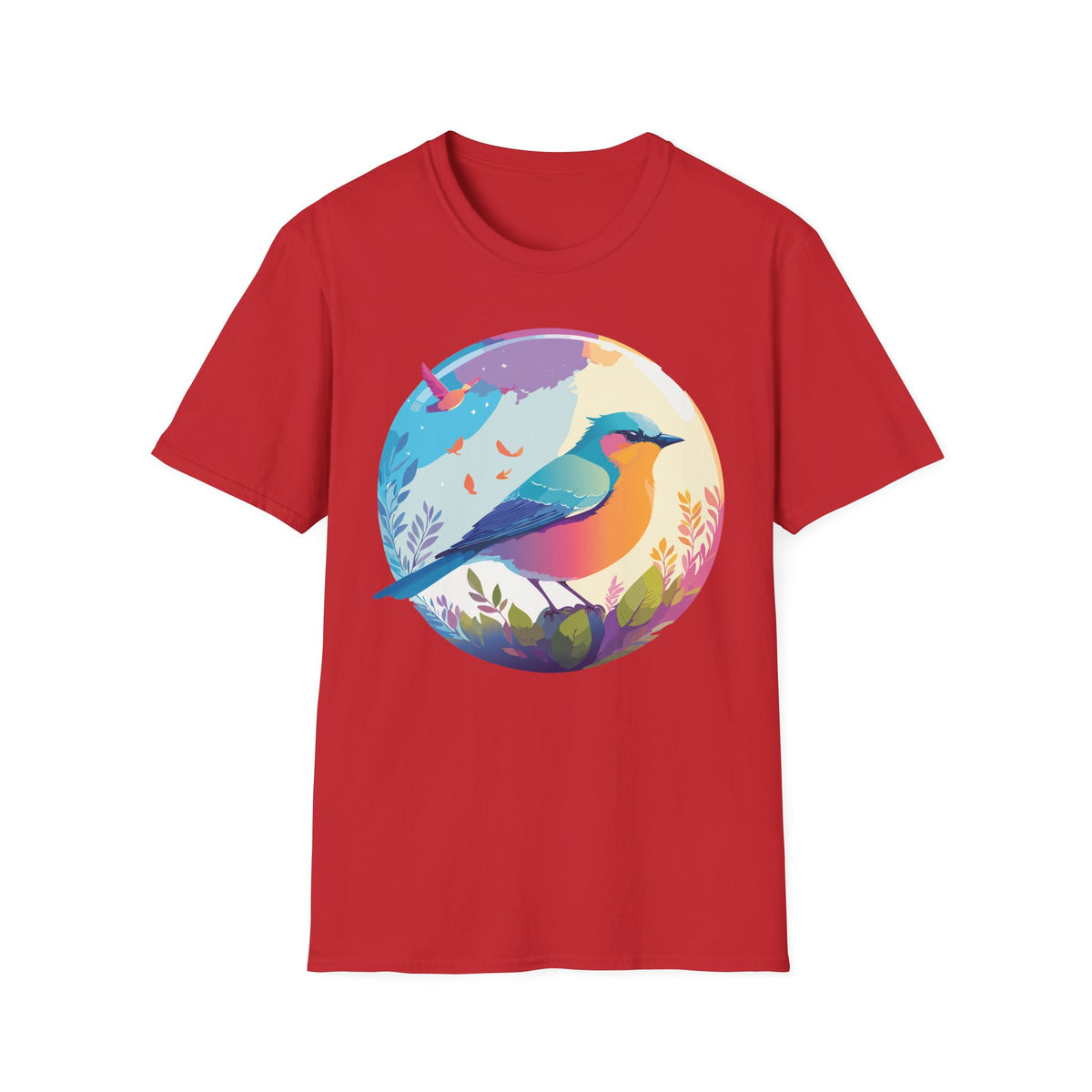 Colorful Bird Illustration T-Shirt | Rainbow Songbird Circle Art