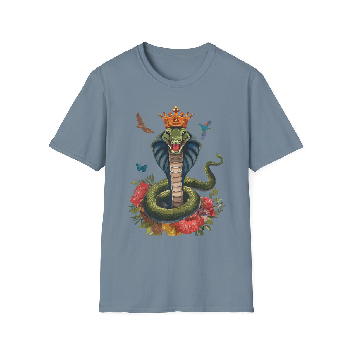 Crowned King Cobra Shirt | Snake Illustration, Floral Accents, Wildlife