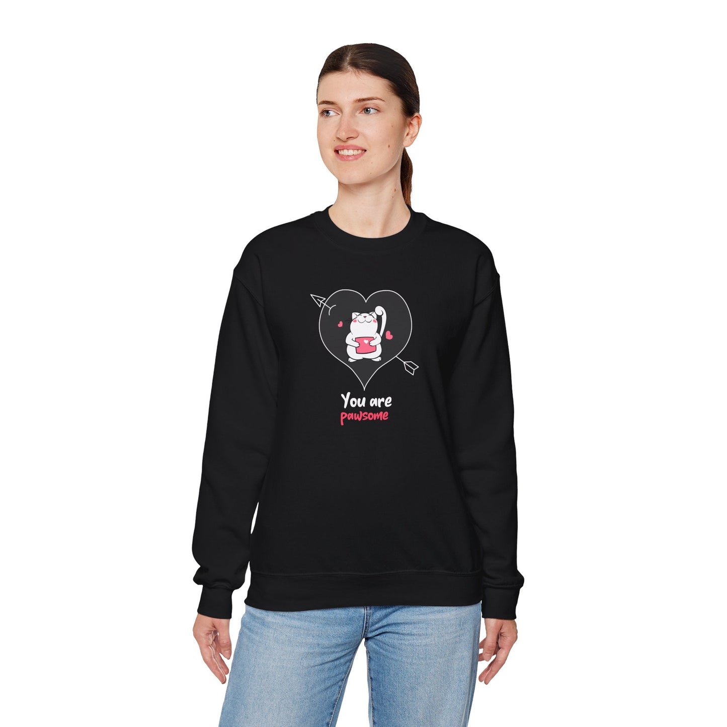 Cat Heart Sweatshirt Unisex Valentines Day Fifty Fifty Cotton Poly Crewneck Gildan 18000