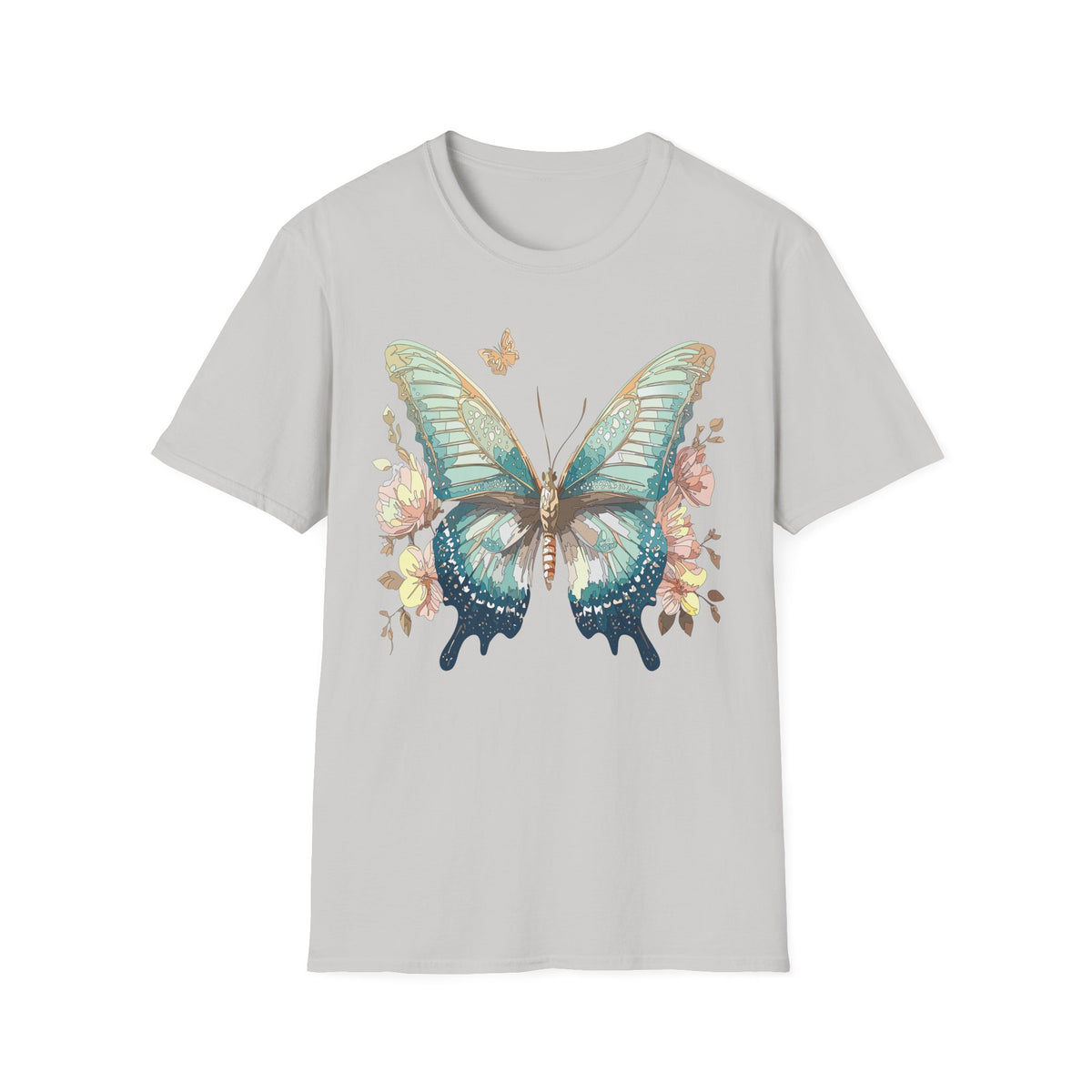 Teal Watercolor Butterfly T-Shirt | Floral Accent, Boho Nature Graphic Tee Unisex 100 Cotton Gildan T-Shirt
