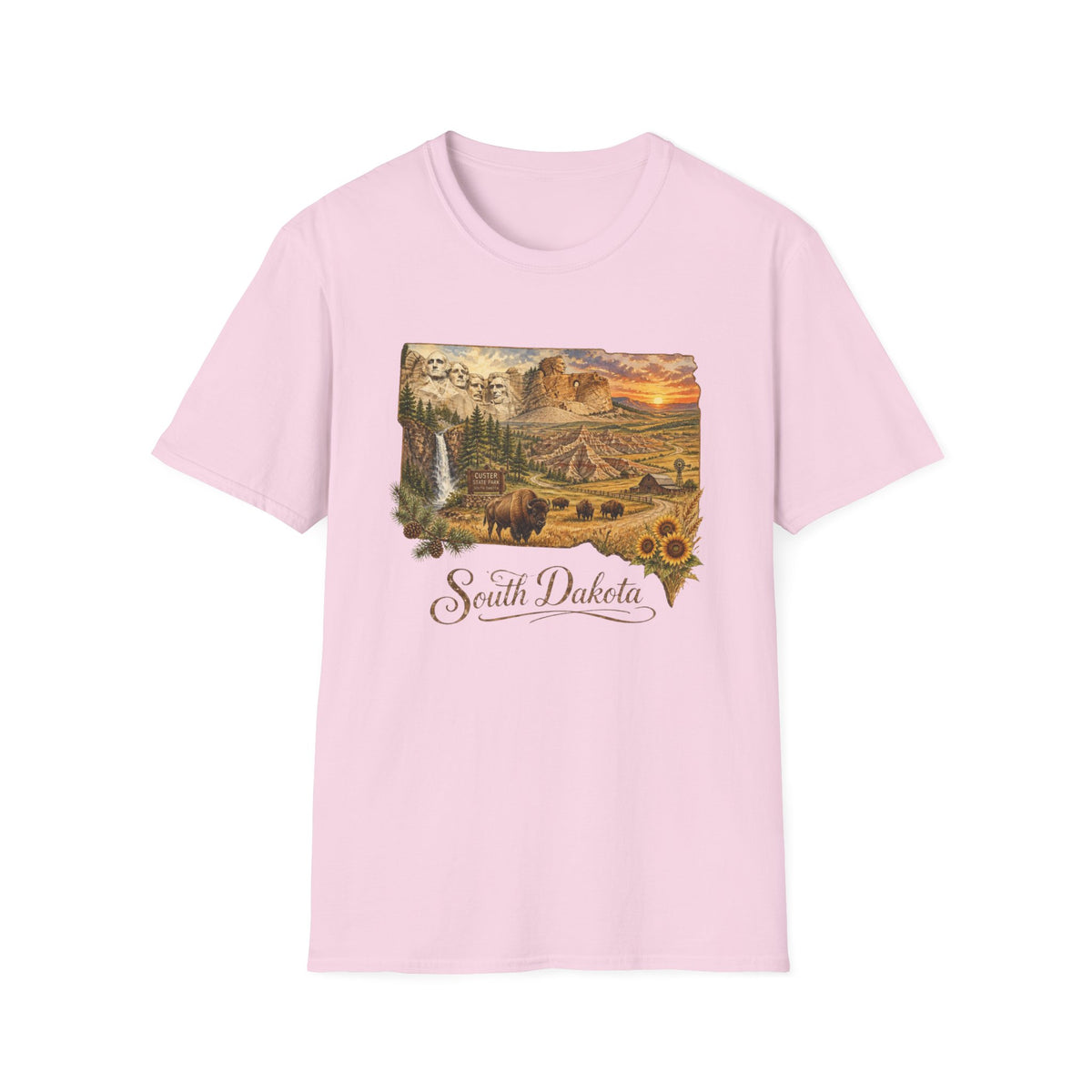 South Dakota Scenic T-Shirt — State Landscape Sunset Travel Tourist Graphic Design Unisex 100 Cotton Gildan T-Shirt