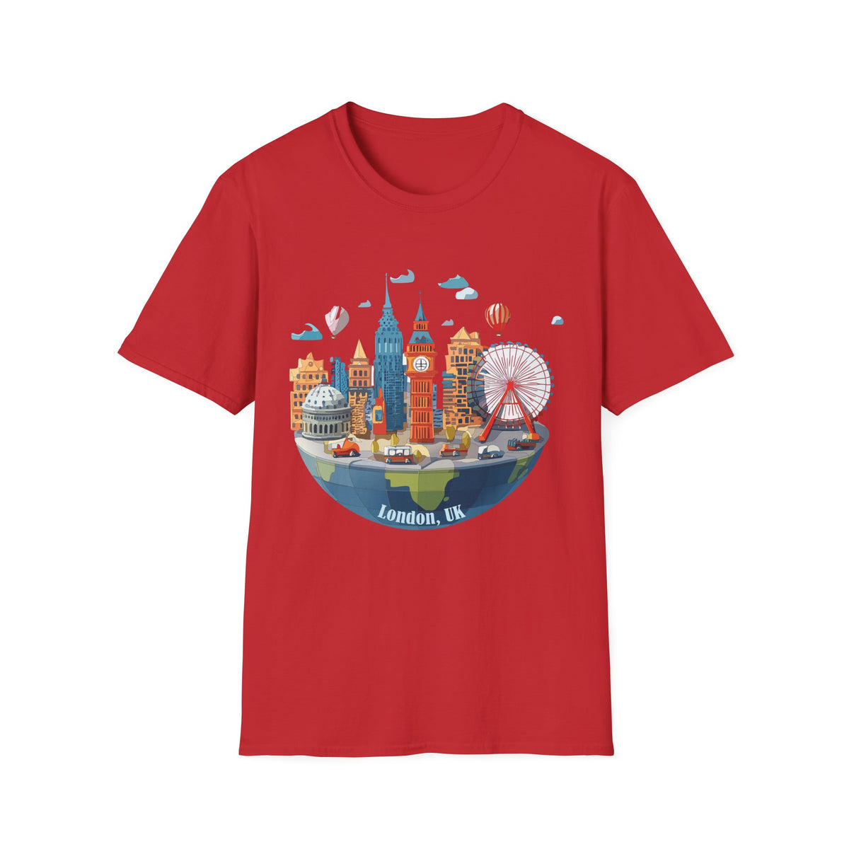 London Skyline Illustration T-Shirt | Big Ben, London Eye, Hot Air Balloons