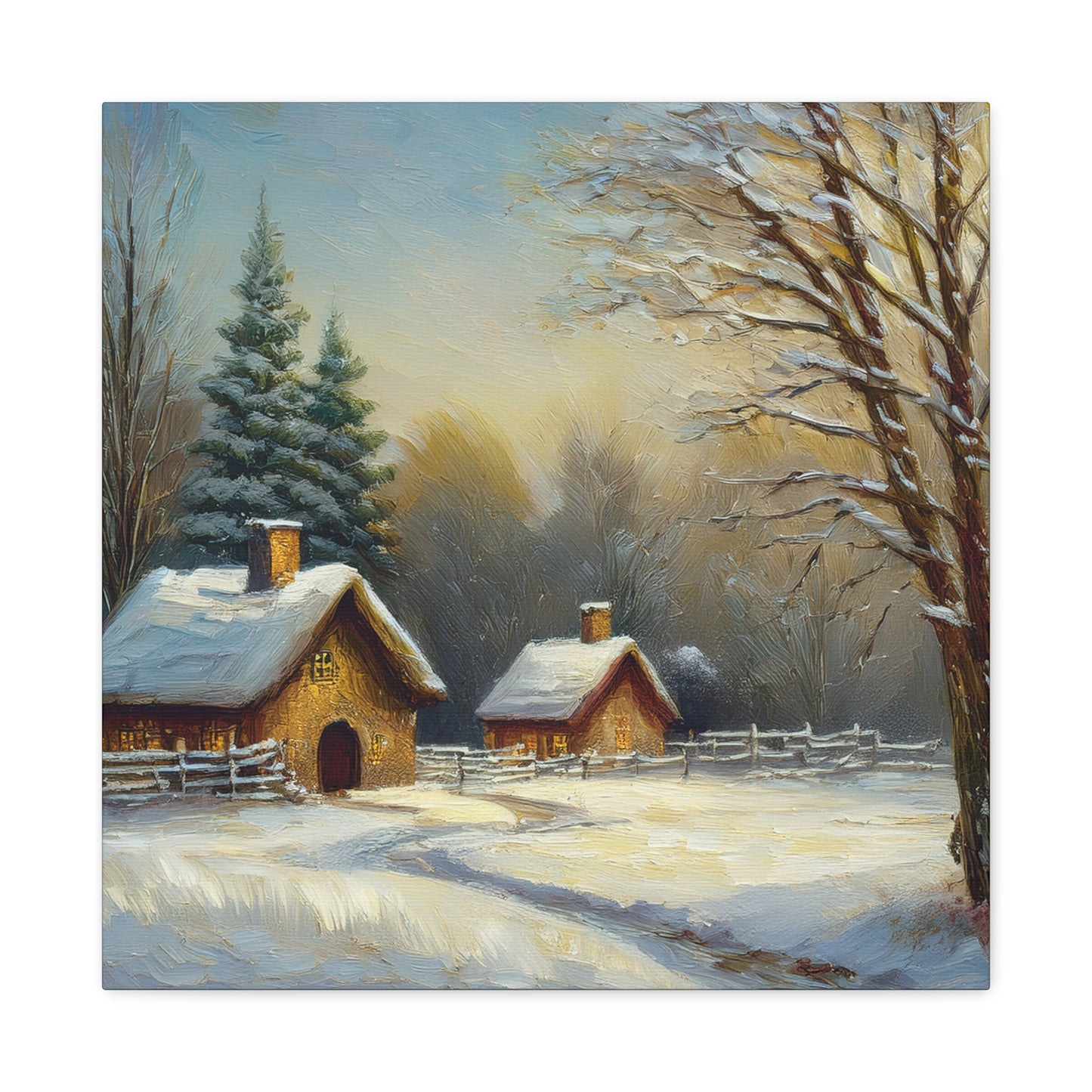 Countryside Winter Print Canvas, Oil Paint Print 20x20, 24x24, 30x30, 32x32, 36x36 Art Design Pine-Wood Inner Frame MC-113