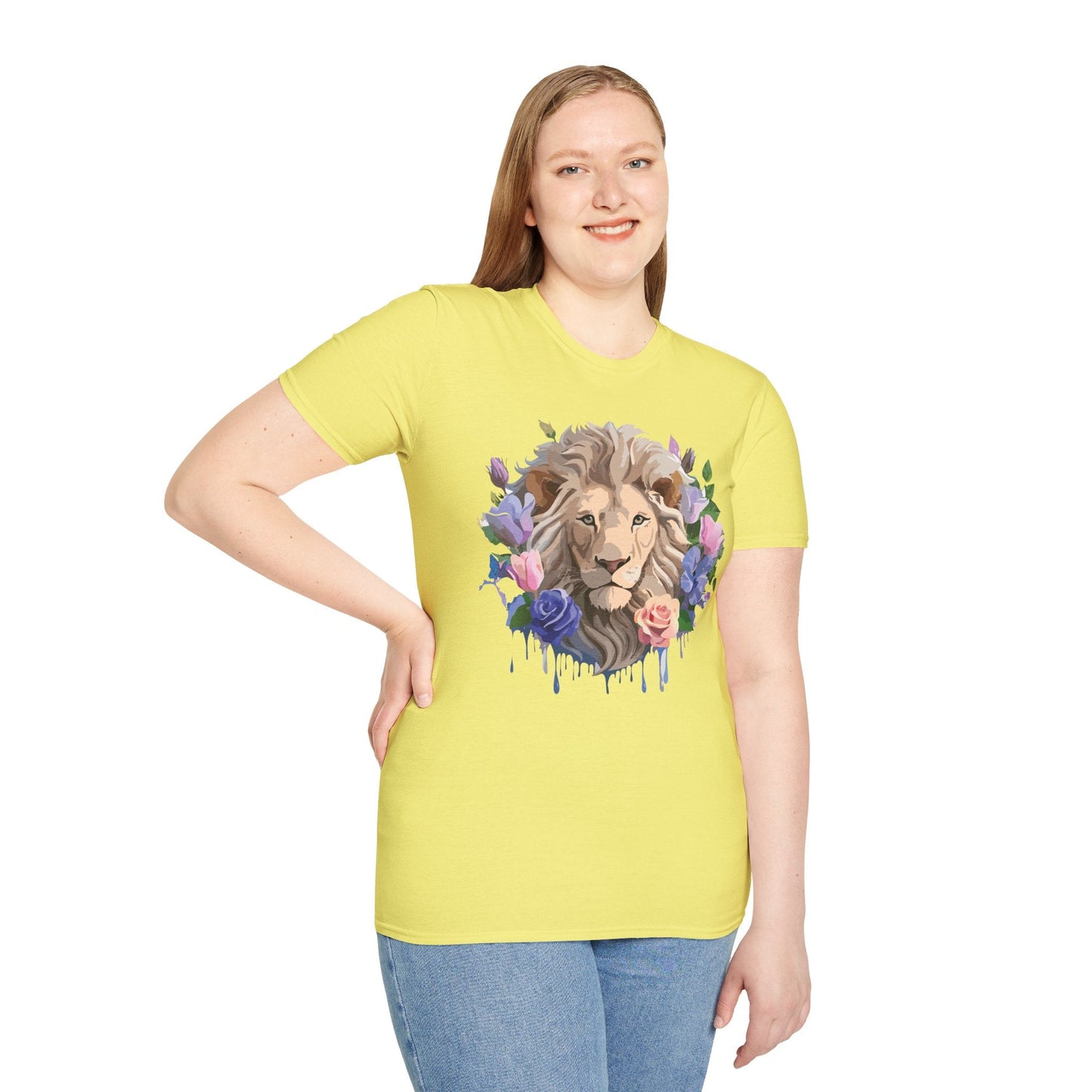 Unisex Floral Lion Tee Shirt Softstyle Gildan 64000 100 Percent Cotton