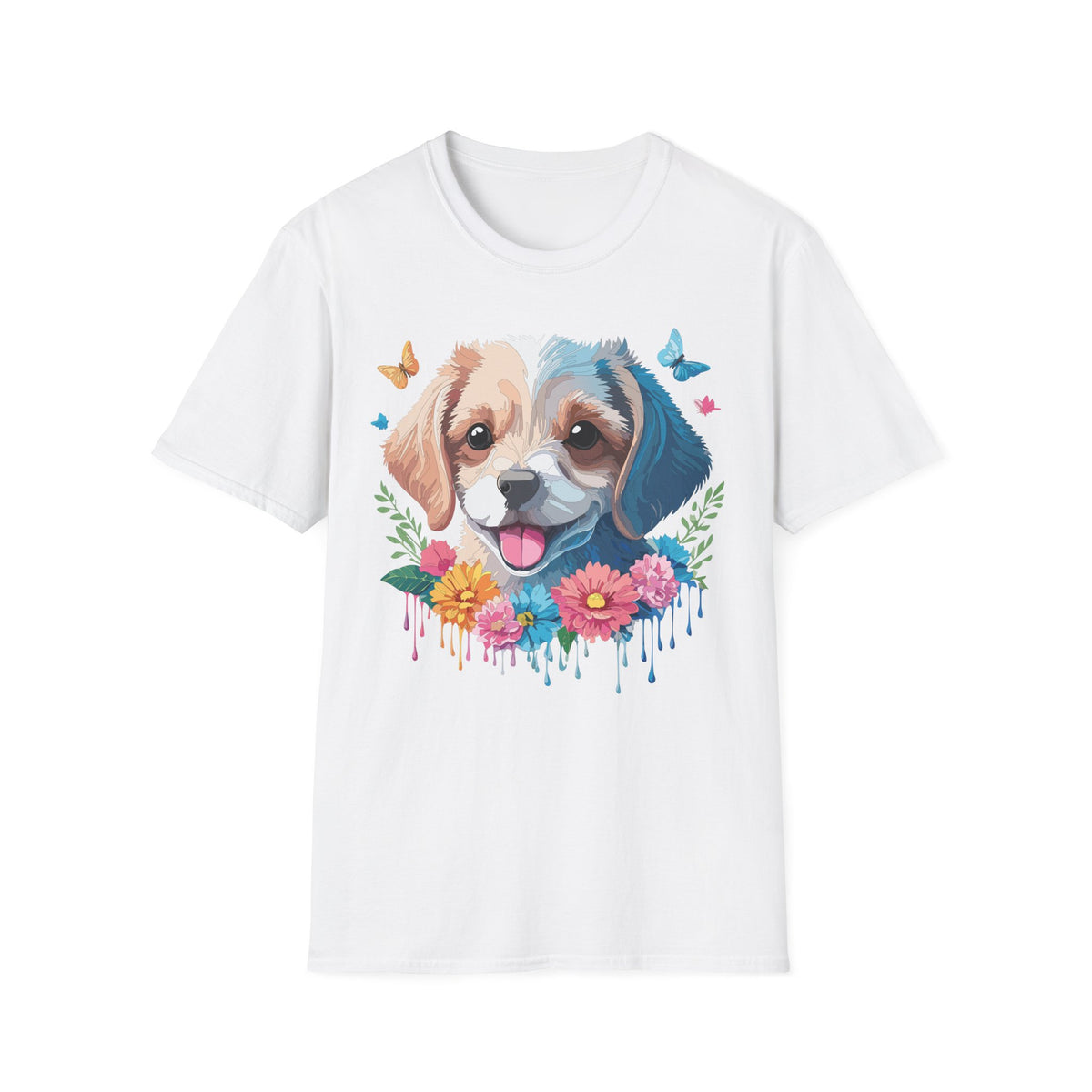 Happy Puppy Face T-Shirt | Cute Dog Portrait, Flowers & Butterflies