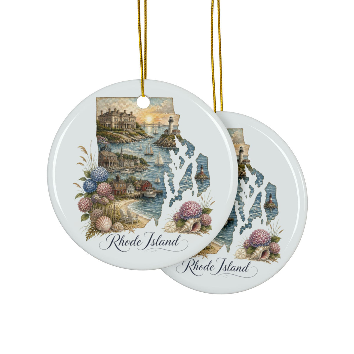 Rhode Island Scenic Map Ceramic Ornament | Coastal Shells Two-Sided - 2.99" Includes Gold String
