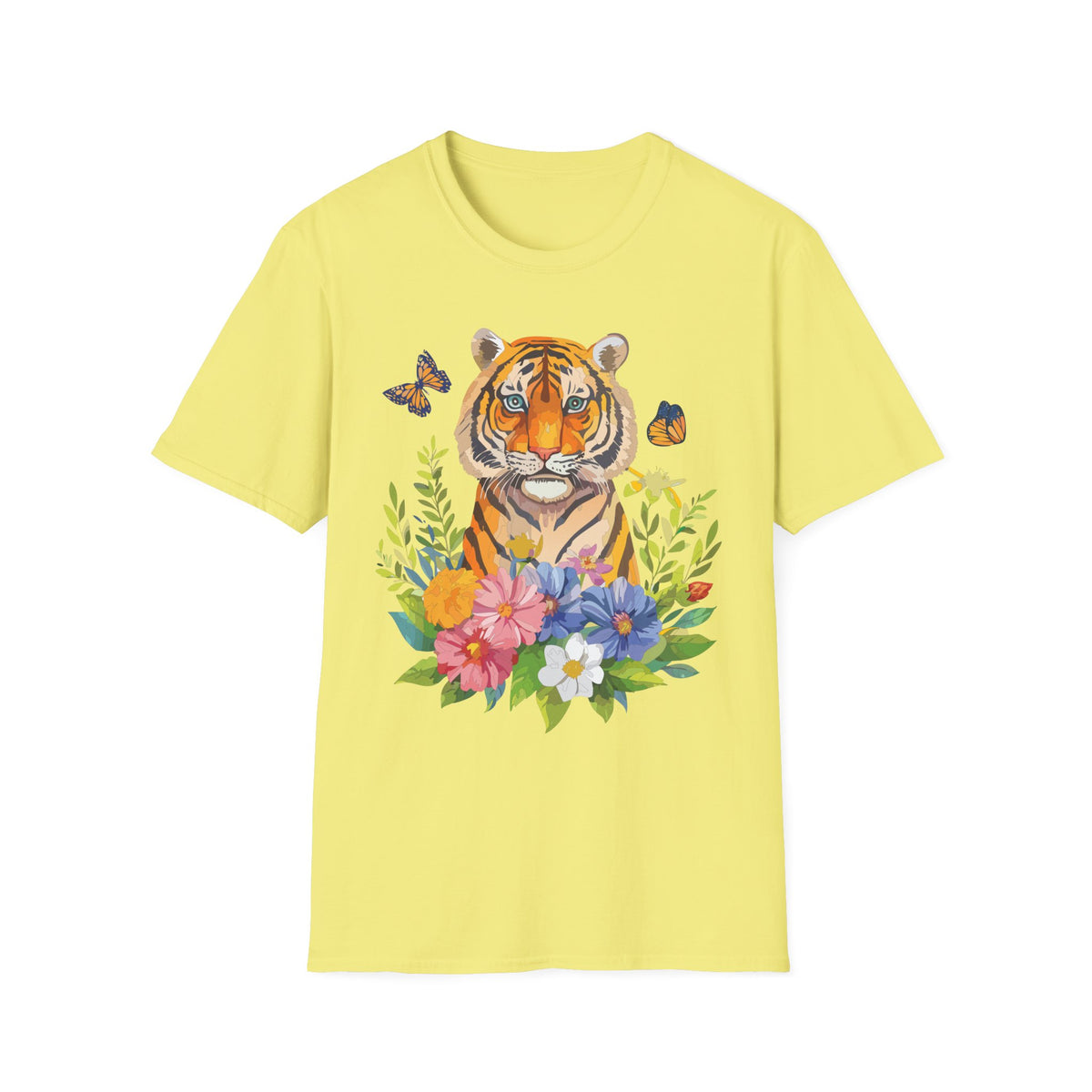 Tiger Portrait T-Shirt | Watercolor Tiger with Butterflies and Floral Accents