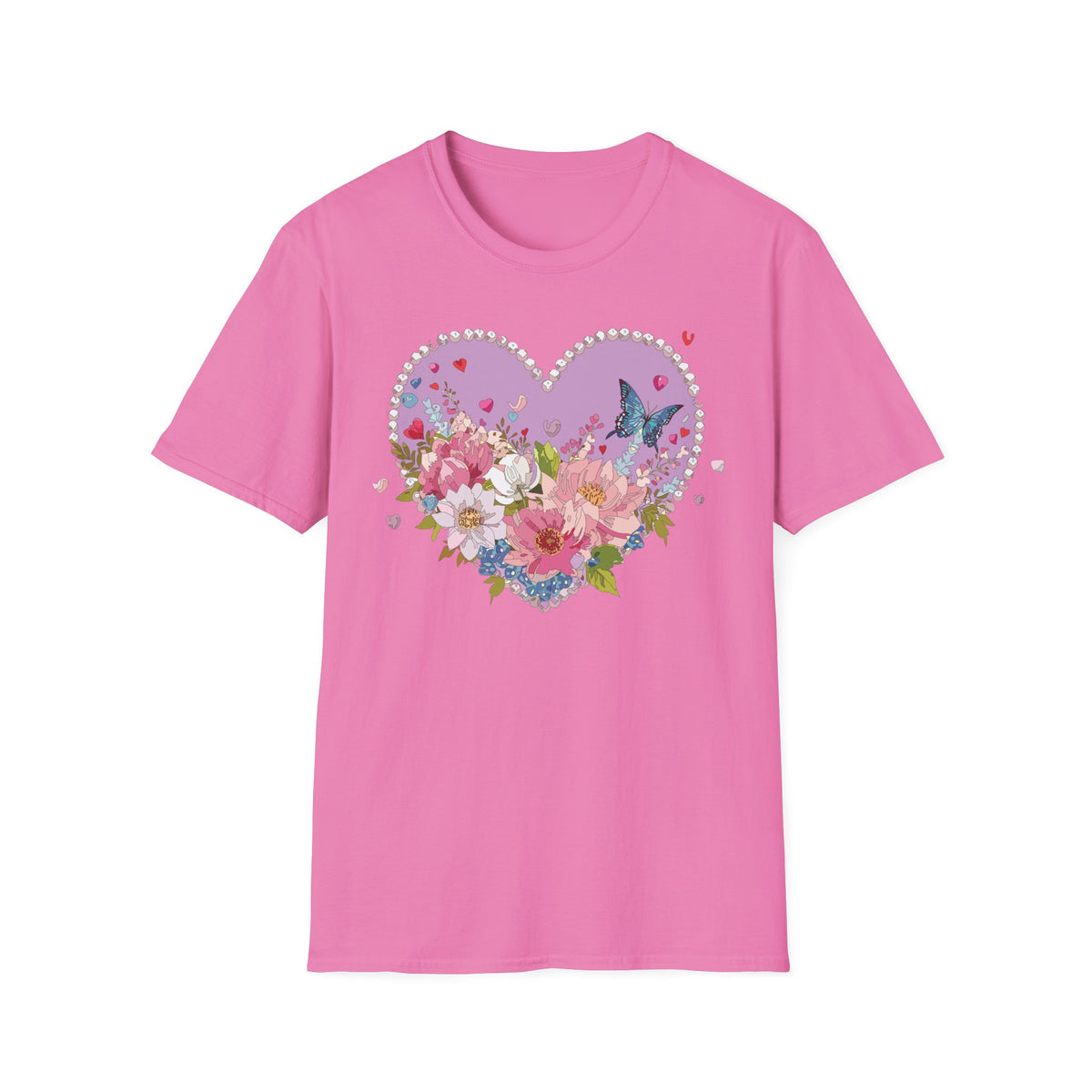 Floral Heart with Butterfly T-Shirt | Pink Flower Bouquet Tee