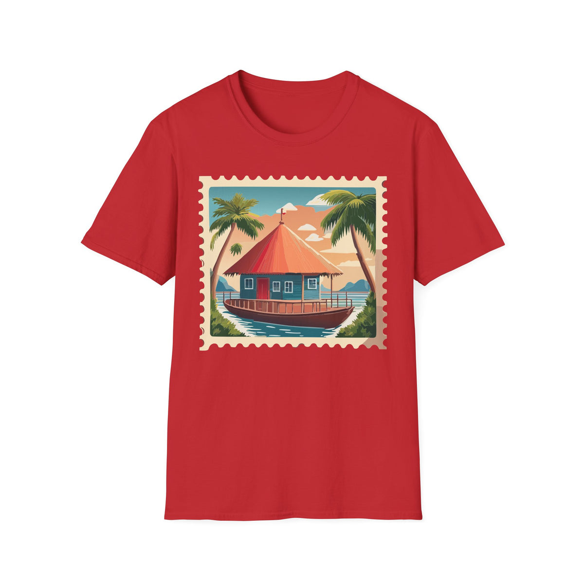 Tropical Beach Cottage T-Shirt | Palm Trees, Sunset Hut Graphic Tee Unisex 100 Cotton Gildan T-Shirt