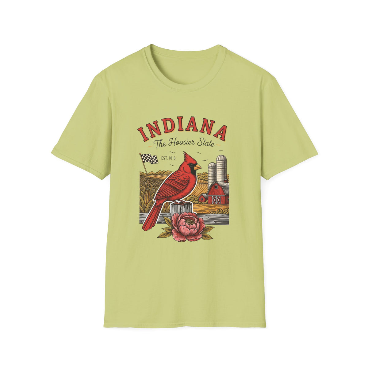 Indiana Cardinal Bird Farm Tee — Indiana The Hoosier State Graphic Travel Tourist Graphic Design Unisex 100 Cotton Gildan T-Shirt