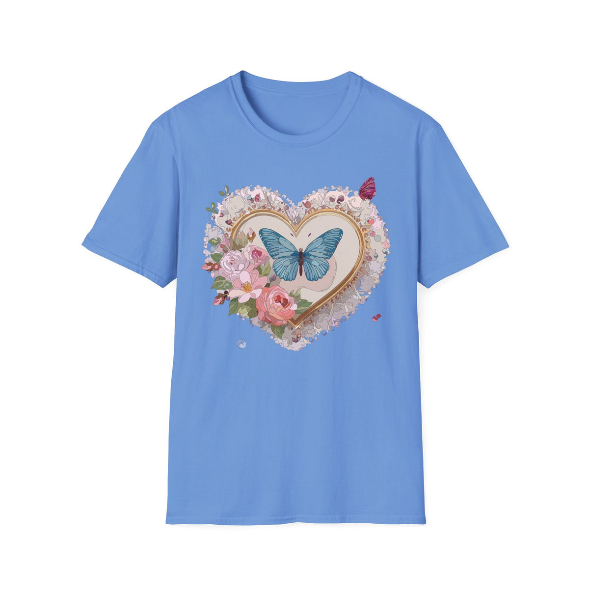 Butterfly Heart T-Shirt — Floral Blue Butterfly Graphic Tee Unisex 100 Cotton Gildan T-Shirt