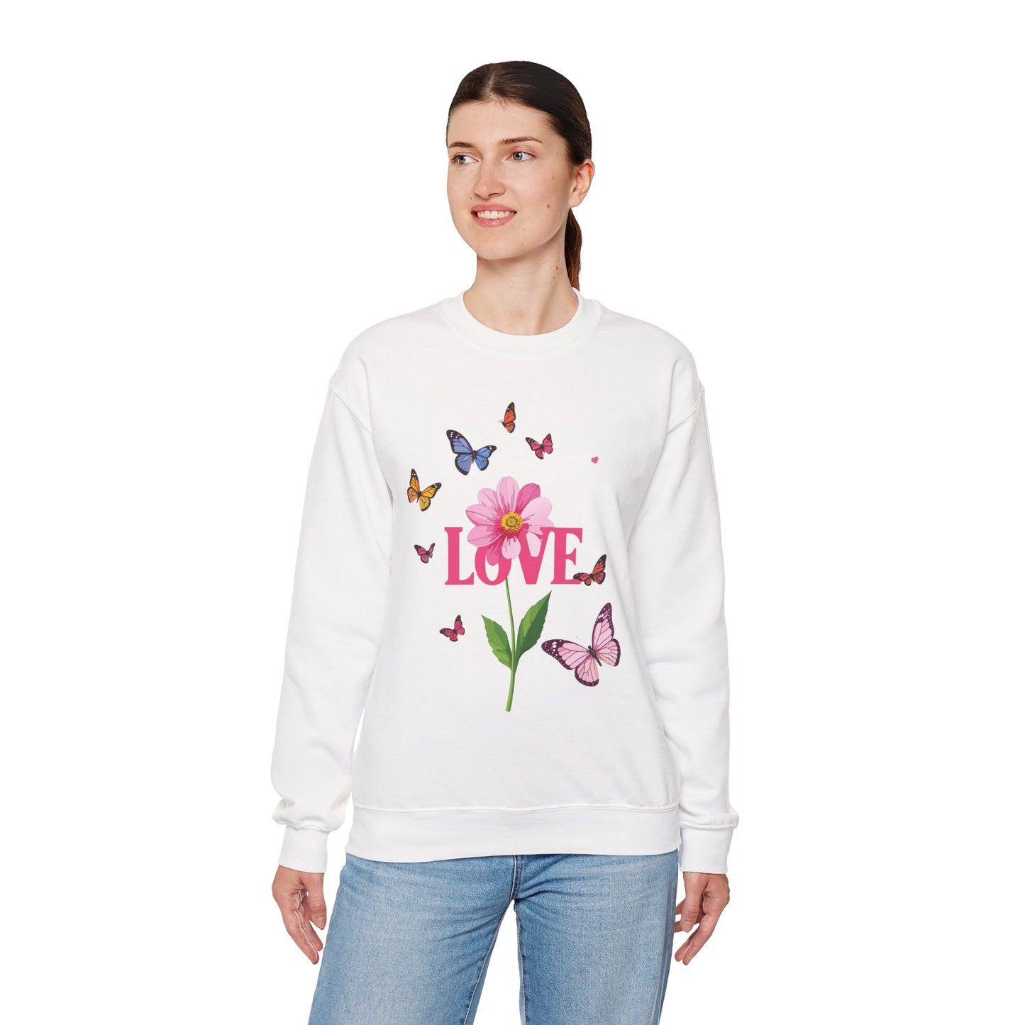 Unisex Floral Love Sweatshirt, Love Floral Sweatshirt, Floral Butterfly Sweatshirt, 50/50 Cotton-Poly Valentine's Day Sweatshirt 01