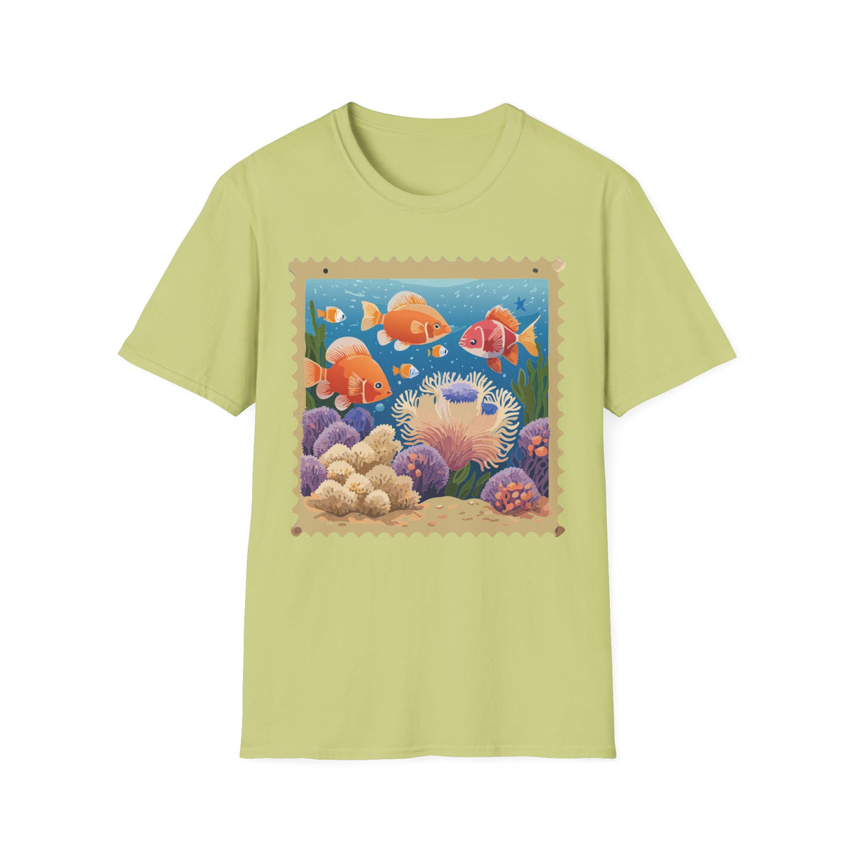 Goldfish Aquarium Illustration T-Shirt | Underwater Coral Reef Stamp Graphic Tee Unisex 100 Cotton Gildan T-Shirt