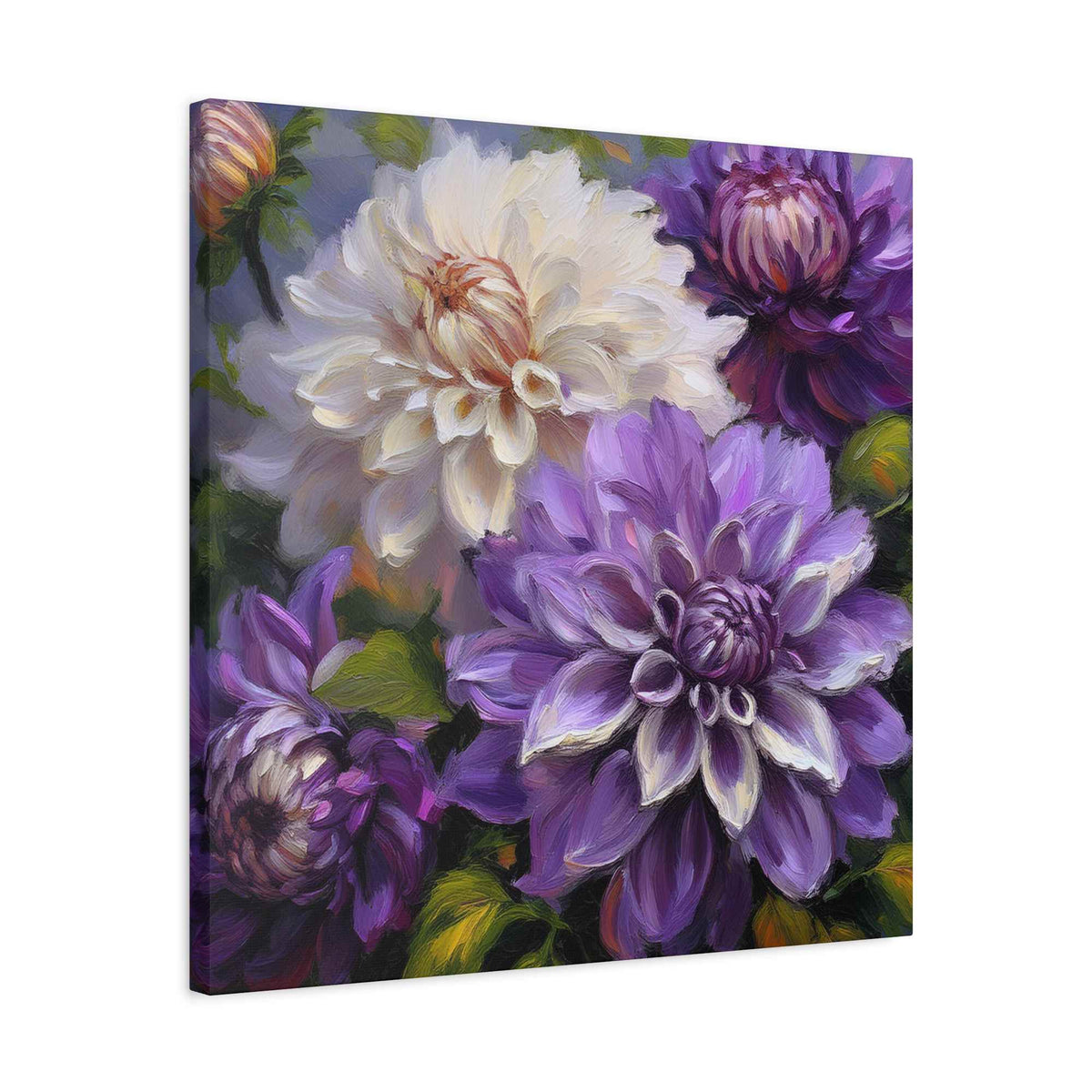 Dahlias Floral Print Canvas, Floral Oil Paint Print 20x20, 24x24, 30x30, 32x32, 36x36 Art Design Pine-Wood Inner Frame MC-172
