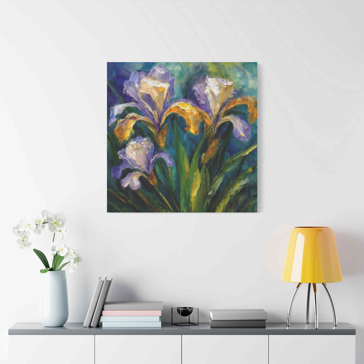 Irises Floral Print Canvas, Floral Oil Paint Print 20x20, 24x24, 30x30, 32x32, 36x36 Art Design Pine-Wood Inner Frame MC-183