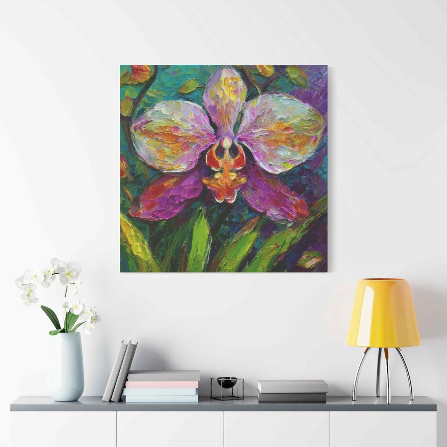 Purple Orchid Print Canvas, Floral Oil Paint Print 20x20, 24x24, 30x30, 32x32, 36x36 Art Design Pine-Wood Inner Frame MC-129