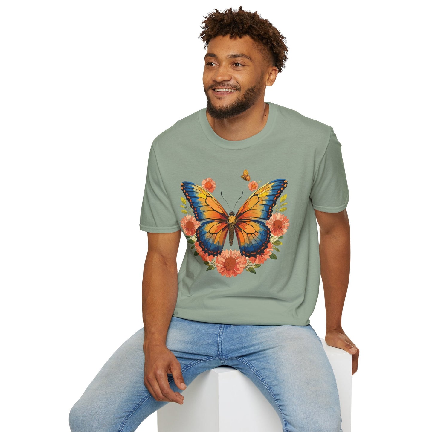 Butterfly T Shirt Unisex Softstyle Gildan 64000 Monarch Print 100 Percent Ring Spun Cotton