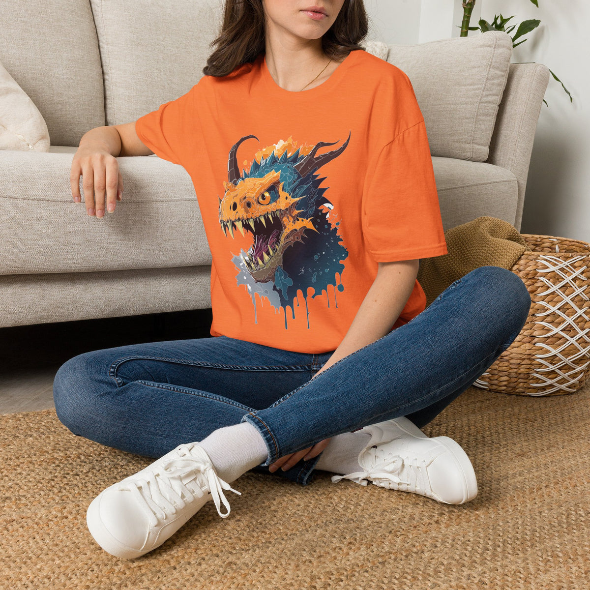 Dragon Head Graphic T-Shirt — Fiery Monster Art Cartoon Graphic Tee Unisex 100 Cotton Gildan T-Shirt