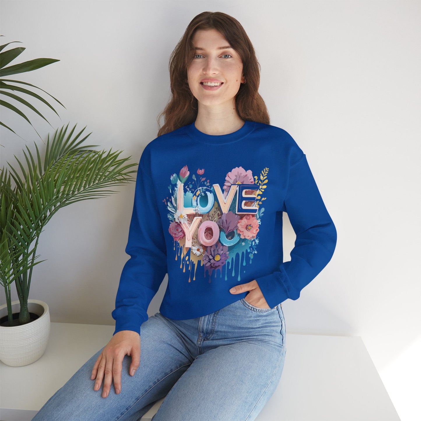 Floral Love Sweatshirt Unisex Heavy Blend Crewneck Valentine Day Flower Print Cozy Fleece Warm Gift