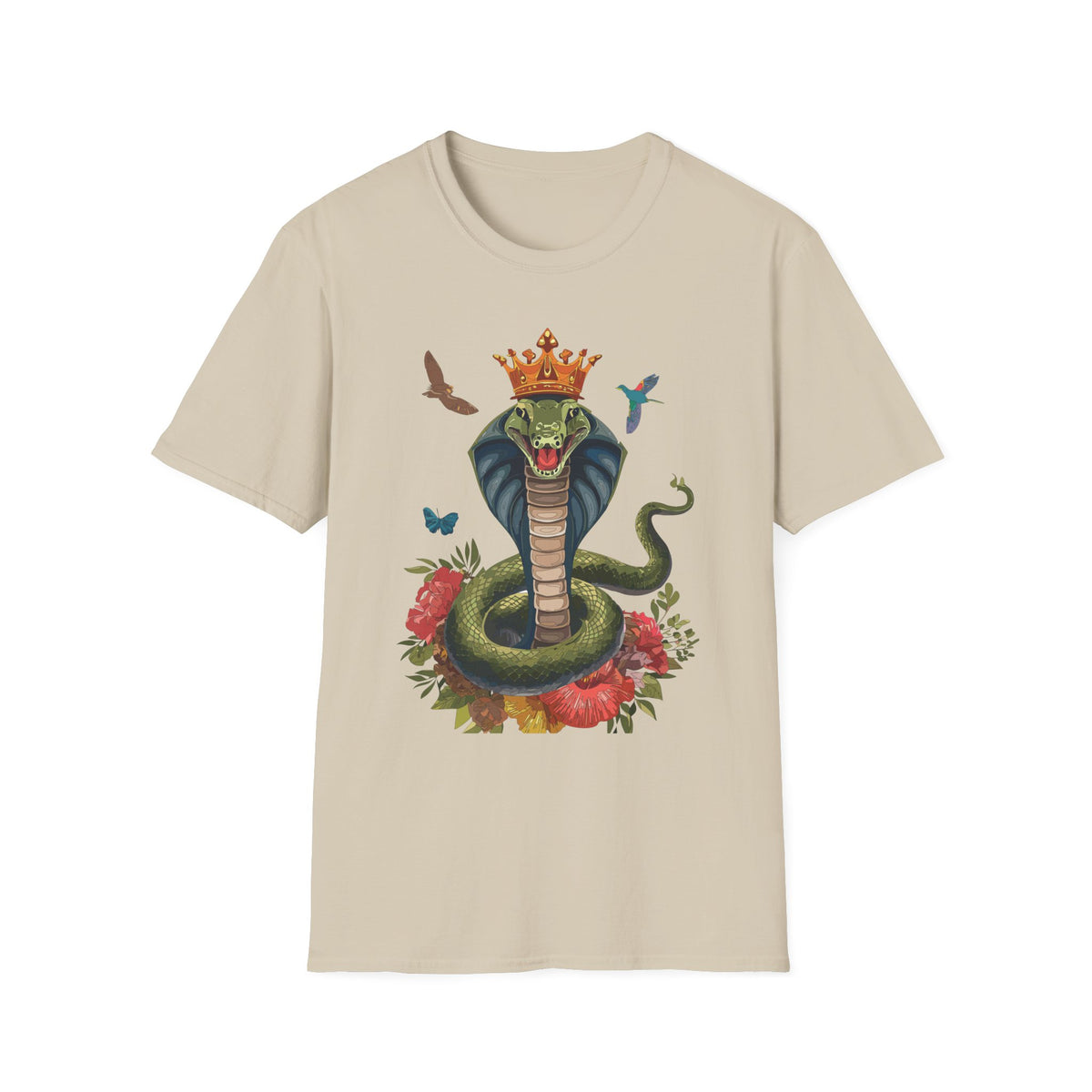 Crowned King Cobra Shirt | Snake Illustration, Floral Accents, Wildlife