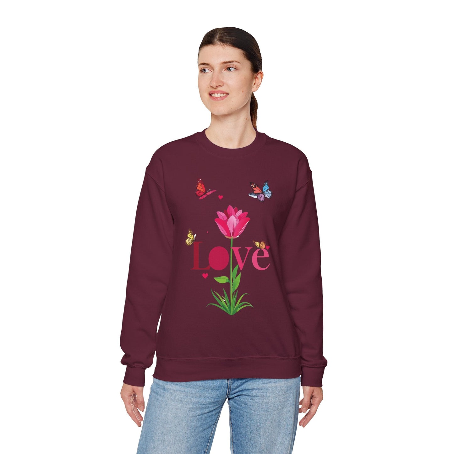 Unisex Floral Love Sweatshirt Floral Butterfly Design Cotton Poly Valentines Day