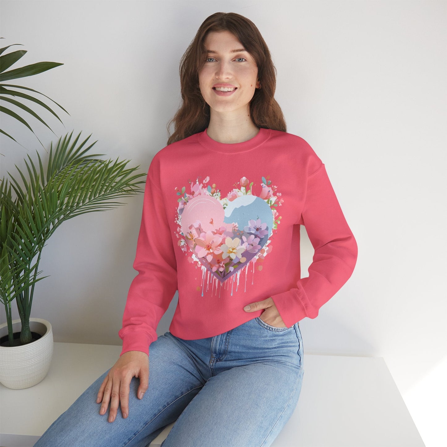 Floral Heart Sweatshirt Unisex Valentine Day Crewneck Gildan 18000 Heavy Blend Winter Wear