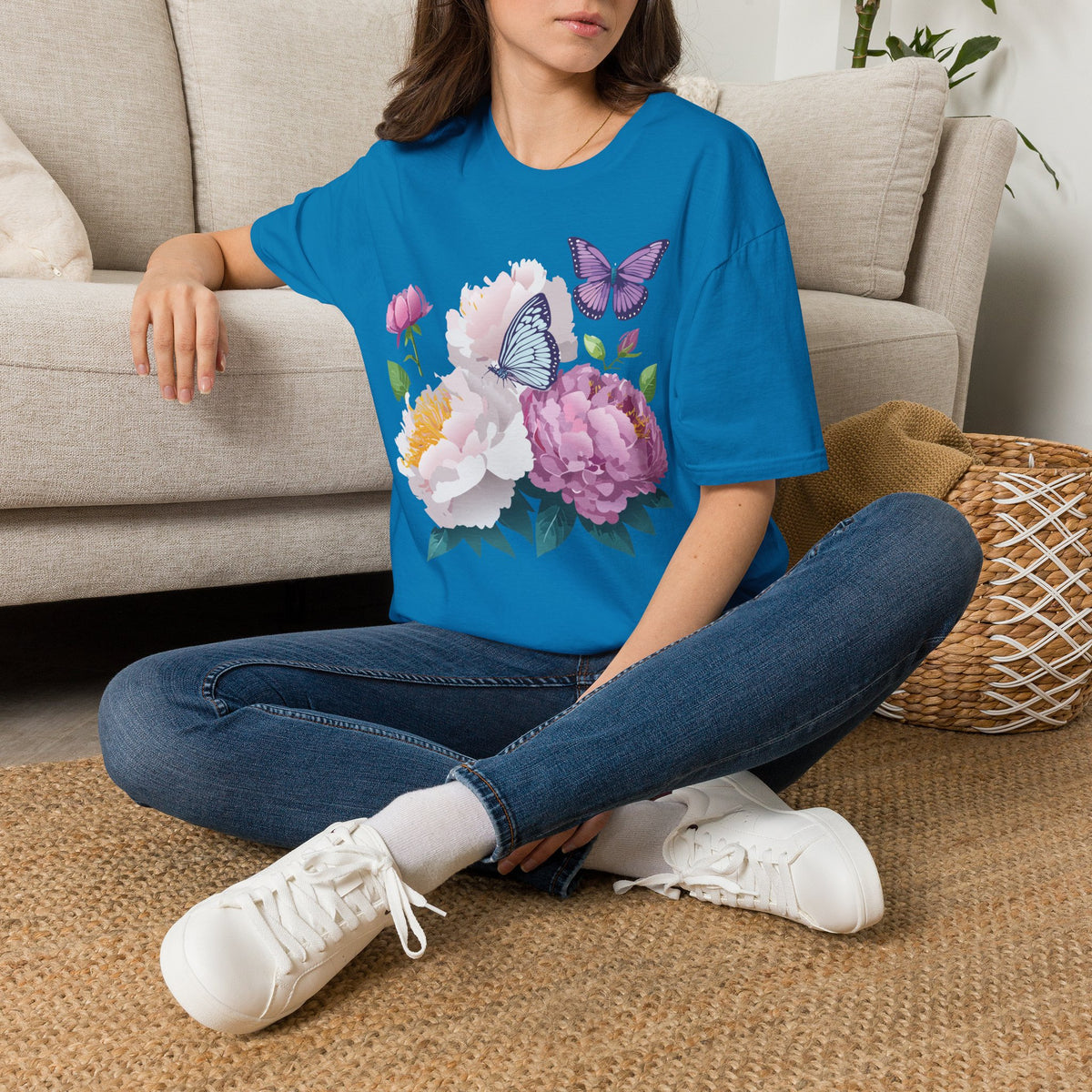 Floral Peonies & Butterflies T-Shirt — pastel garden tee for spring, Mother's Day Graphic Tee Unisex 100 Cotton Gildan T-Shirt