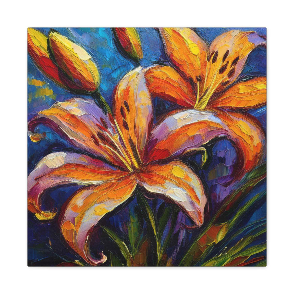 Gold Lilies Print Canvas, Floral Oil Paint Print 20x20, 24x24, 30x30, 32x32, 36x36 Art Design Pine-Wood Inner Frame MC-151