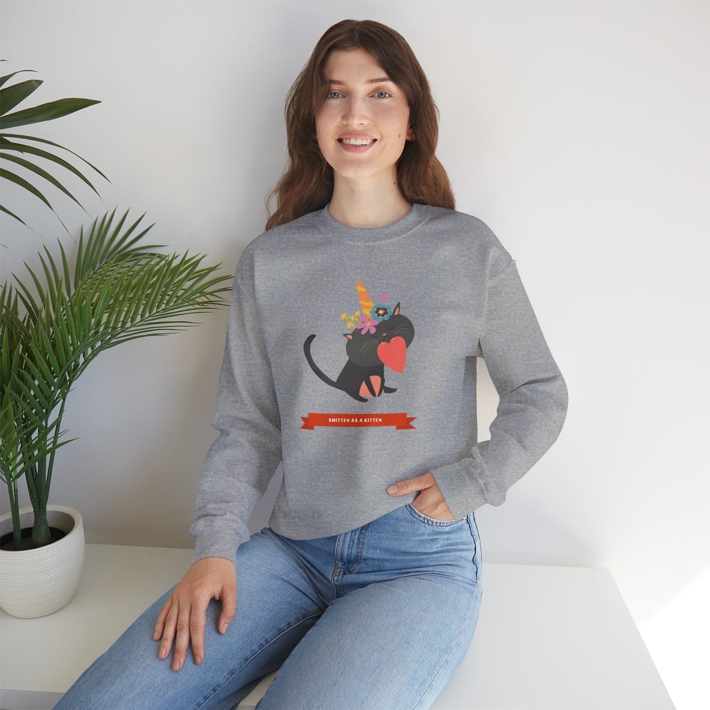 Cat Heart Sweatshirt Unisex Valentine Gift 50/50 Cotton-Poly Crewneck Gildan 18000
