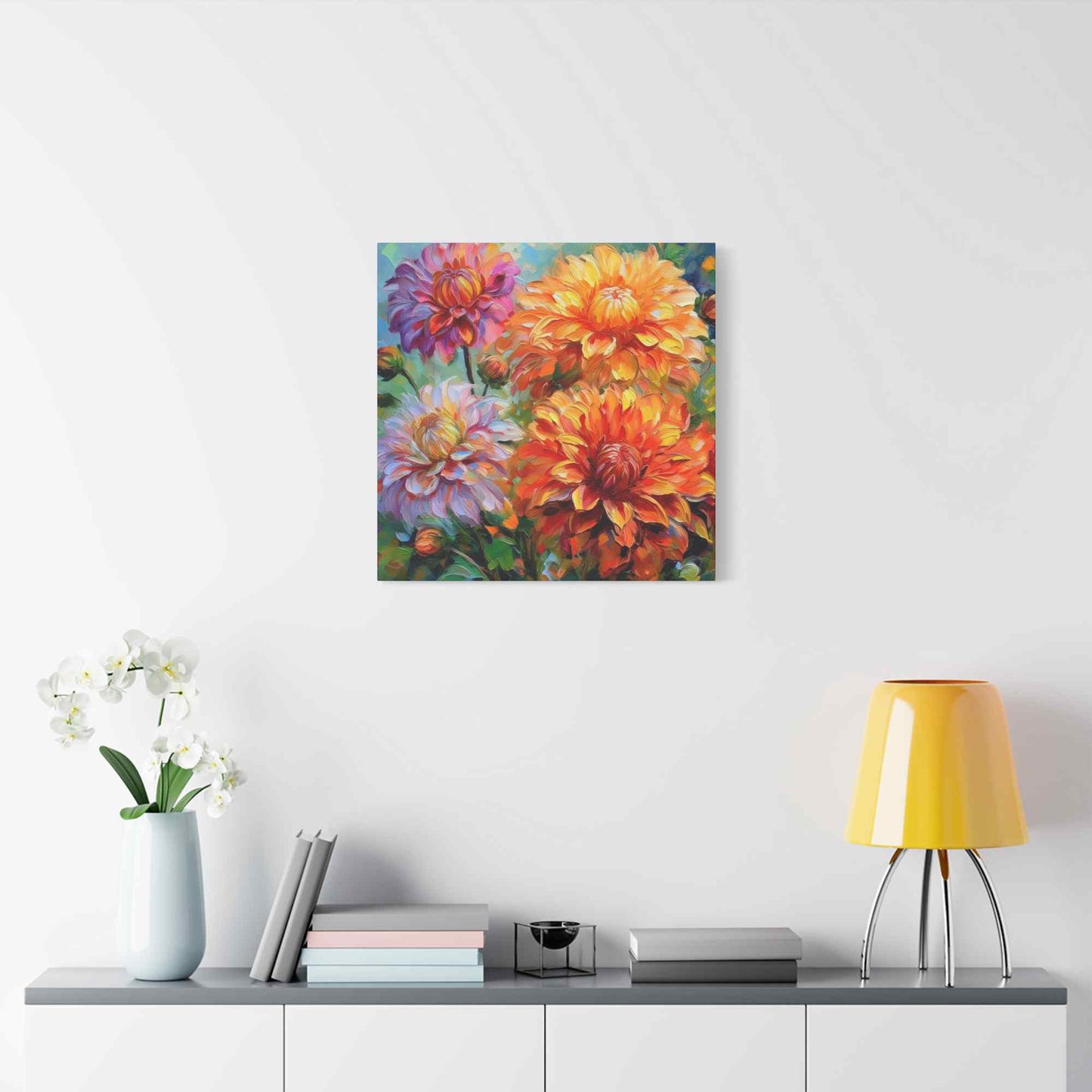 Dahlias Floral Print Canvas, Floral Oil Paint Print 20x20, 24x24, 30x30, 32x32, 36x36 Art Design Pine-Wood Inner Frame MC-166