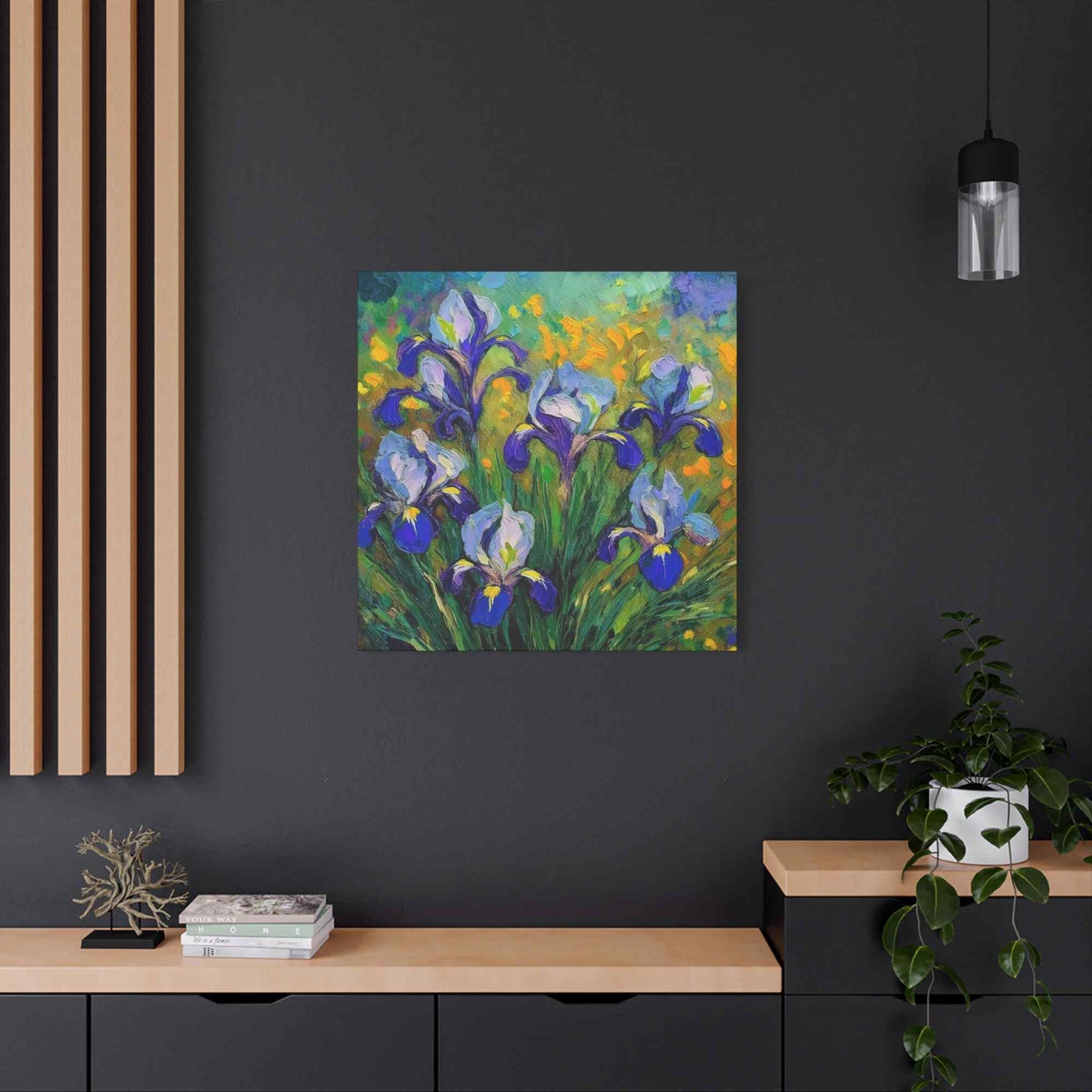 Irises Floral Print Canvas, Floral Oil Paint Print 20x20, 24x24, 30x30, 32x32, 36x36 Art Design Pine-Wood Inner Frame MC-186
