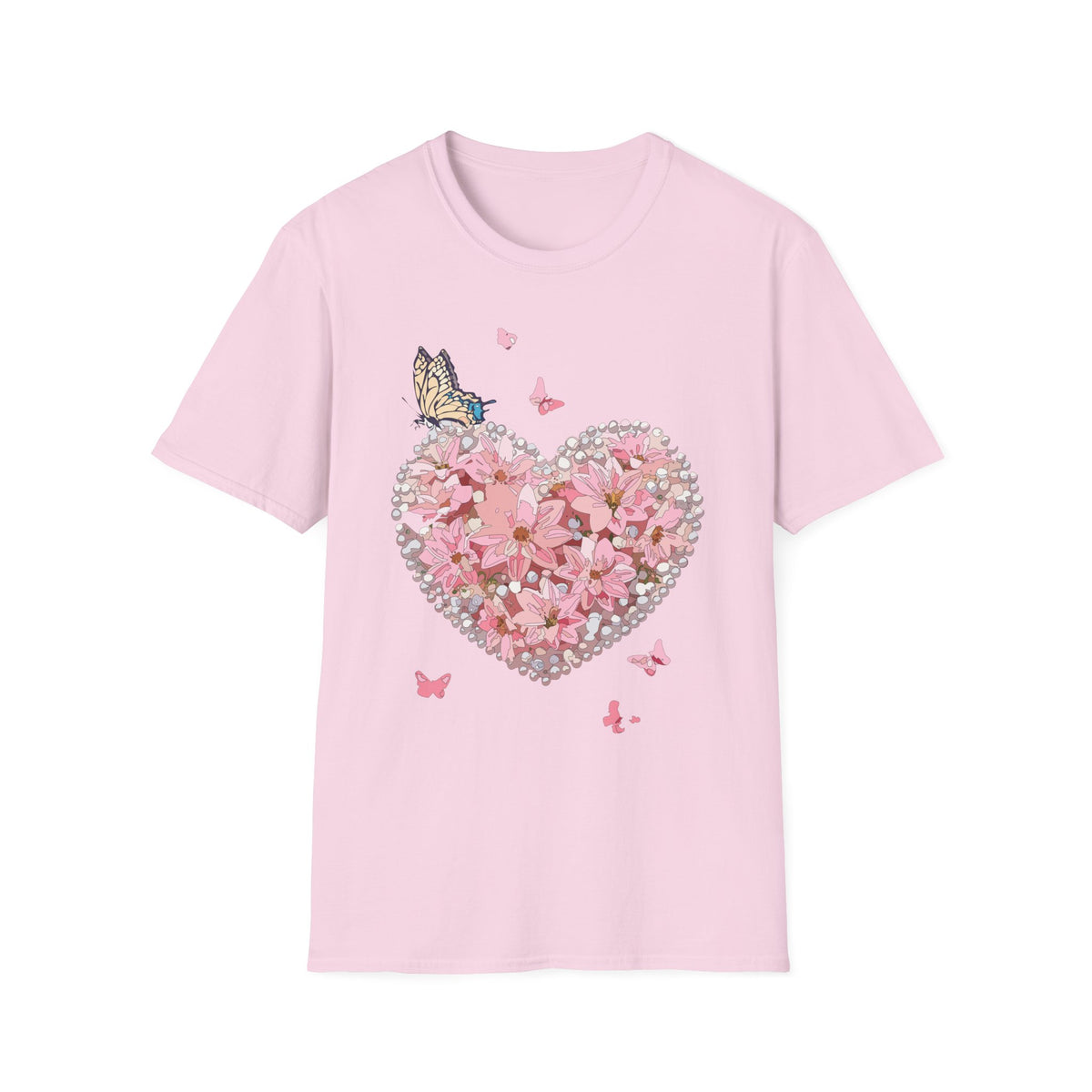 Pink Floral Heart with Butterfly T-Shirt | Spring Floral Graphic Tee Unisex 100 Cotton Gildan T-Shirt